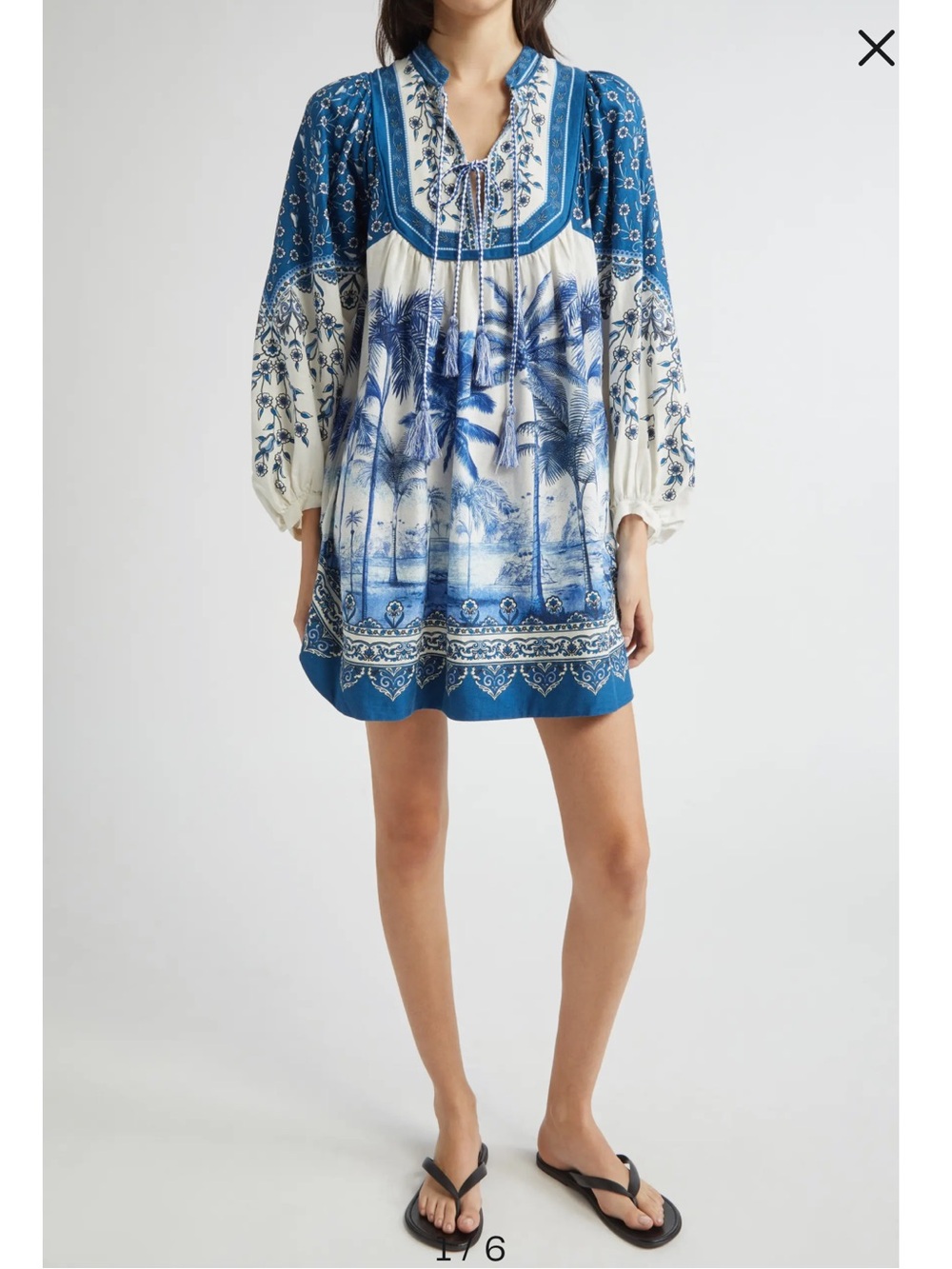 FARM RIO Blue & White Palm tree beach Printed Boho Dress size medium